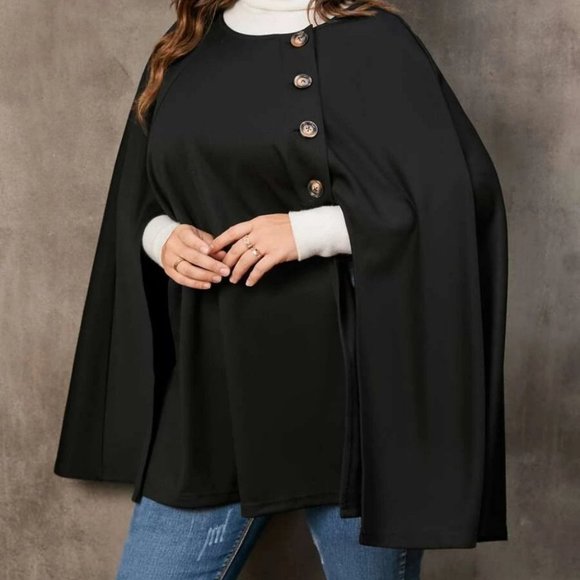 Plus Size Black Button Front Cloak Sleeve Coat Jacket cape - Picture 3 of 4